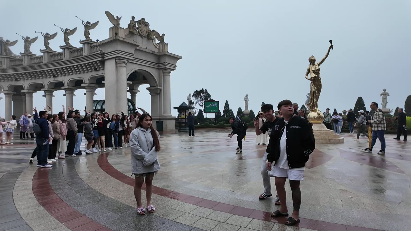 The square in the French Village at Ba Na Hills on a wet, grey day