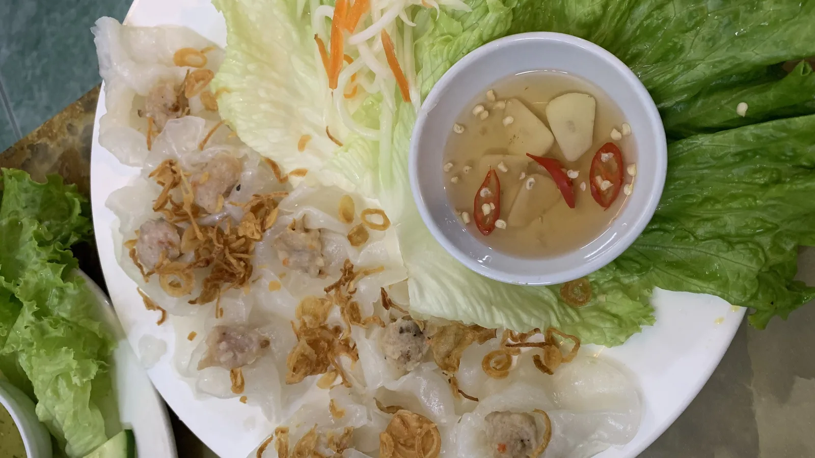 White rose dumplings, translucent rice dumplings shaped like flowers, served in Hoi An